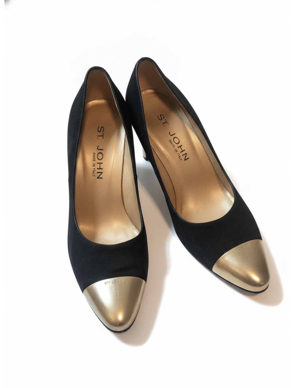 St. John Suede gold Cap Toe Heels luxe luxury old money designer retro glam 6.5
